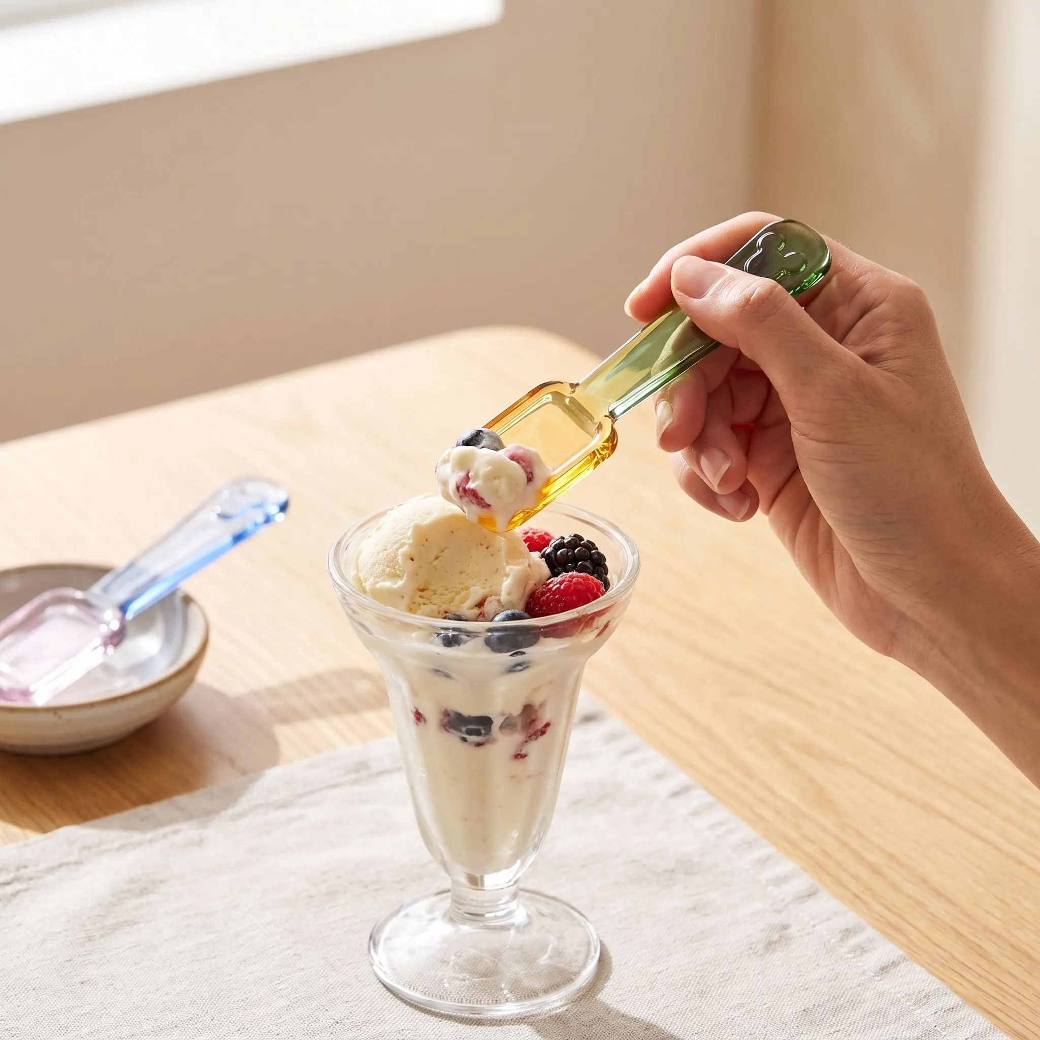 2Pack Colored Glass Dessert Spoons Heat Resistant Long Handle Mini Ice Cream Spoons for Yogurt Tasting and Cocktail Stirring