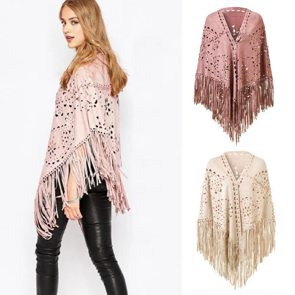 Ladies Elegant Suede Open Poncho Shawl Wrap Warm Fabric Solid Color Hollow Tassels Hem Winter Scarf Stylish Women Shawl Wrap