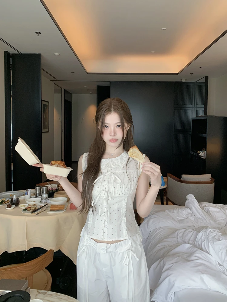 

Alice Sweet Dr, женская майка с кукольным воротником в горошек, хлопковая повседневная летняя верхняя одежда, тонкий дизайн с узлом...