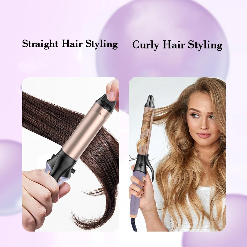 1pcs Multi-purpose 2-in-1 straight curling iron, , barrel shape creates firm curls and a 360-degree rotation at the tail for med