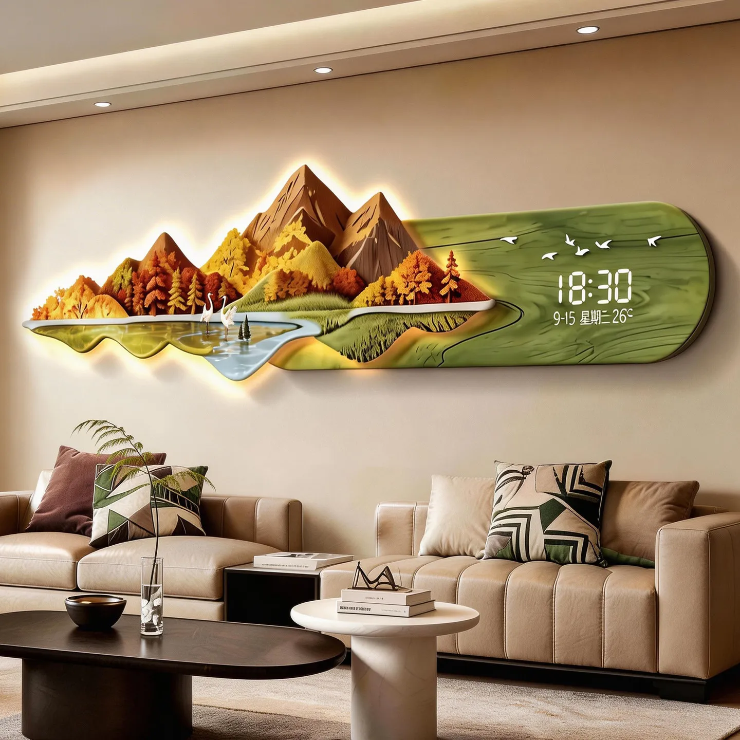 Backed by a mountain clock, living room decoration painting, light luxury and grand sofa, background wall hanging painting, high