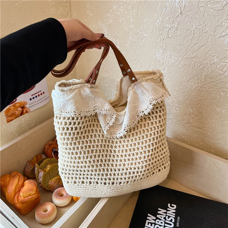 

Vintage French Style Crochet Tote Bag Women Woven Beach Handbag with Lace Trim and Leather Handle Summer Casual Shoulder Purse