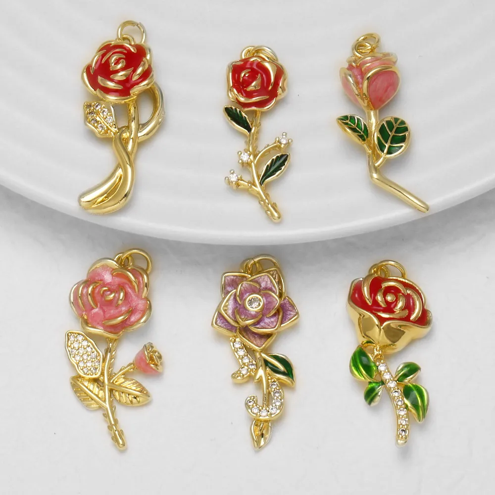 OCESRIO Red Pink Enamel Rose Flower CZ Stem Pendant for Necklace Copper Gold Plated Handmade DIY Jewelry Making Supplies pdtc050