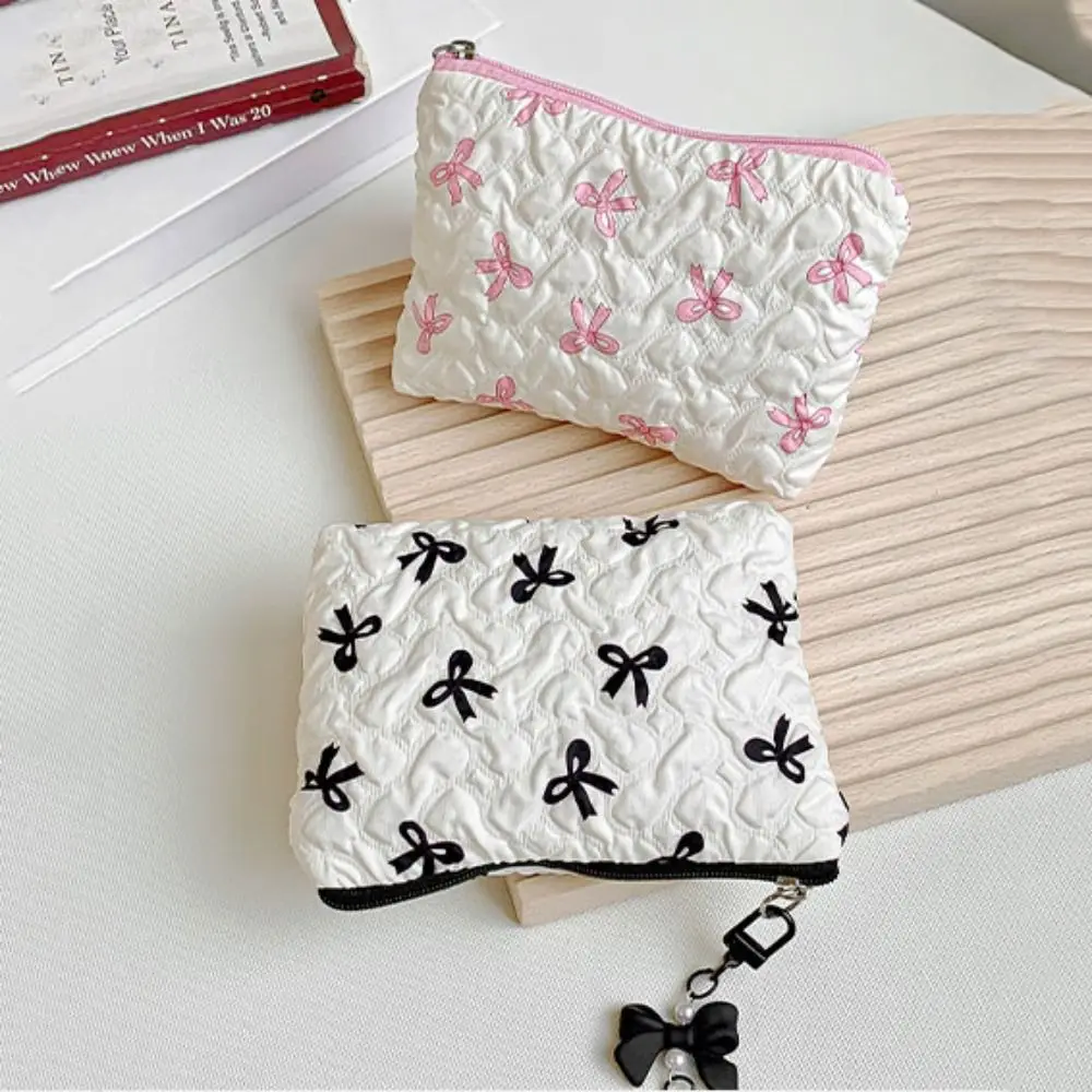 Fashion Bow Pendant Bow Cosmetic Bag Zipper Lager Capacity Balletcore Makeup Bag Korean Style Coin Purse Travel