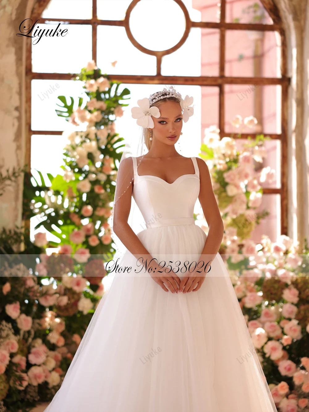 Liyuke Abiti da sposa a trapezio in morbido tulle su misura con spalline senza maniche eleganti abiti da sposa con scollo a cuore