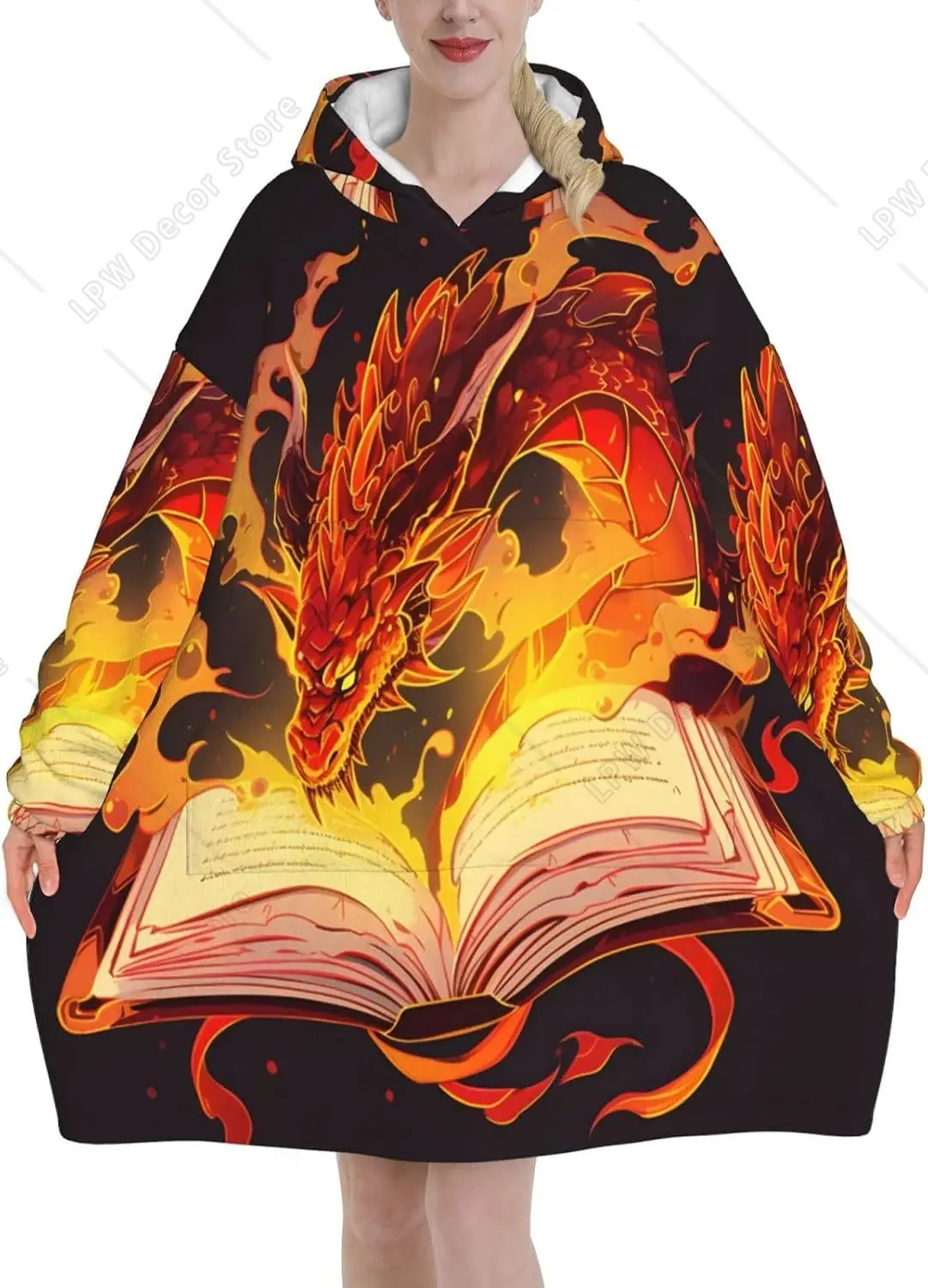Magic Fiery Dragon Wearable Blanket Hoodie Oversized Sweatshirt Blanket Cozy Warm Sherpa Hooded Blanket With Pocket