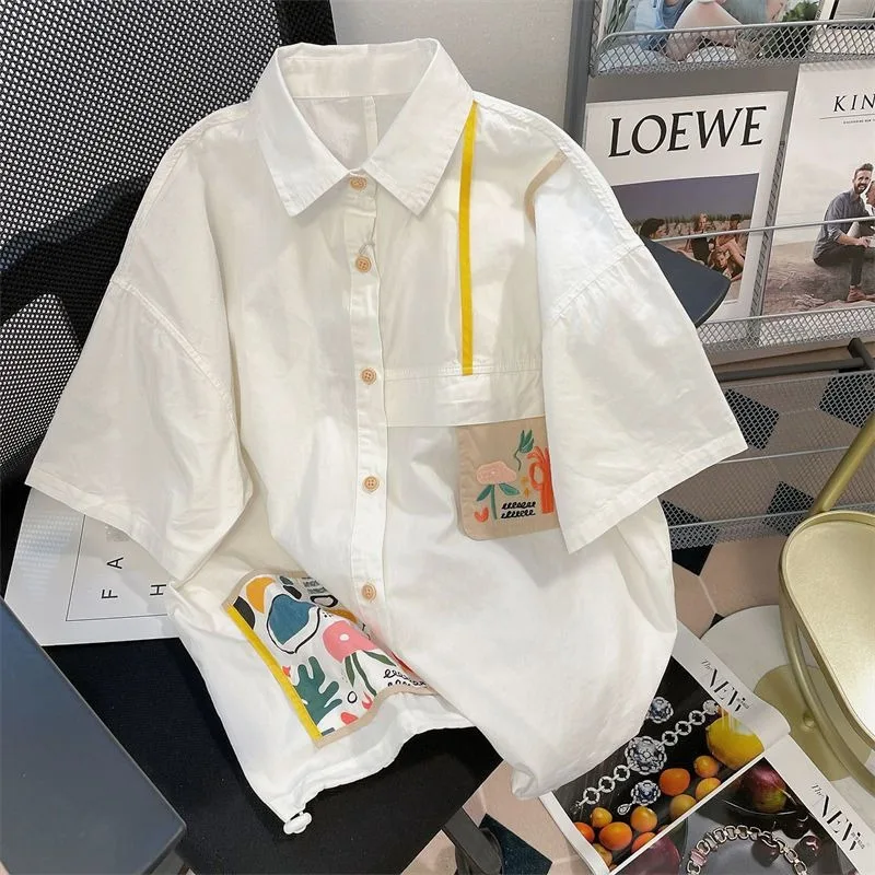 Harajuku Y2K Embroidery Cartoon Funny Lapel Shirts Summer White Cotton Single Breasted Shirt Preppy Student E-girl Kawaii Blouse