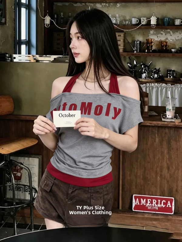 plus Size Spicy Girl Style One Shoulder T-Shirt Slimming Waist Cut out for Summer Travel Atmosphere Feeling Plump Suitable Top