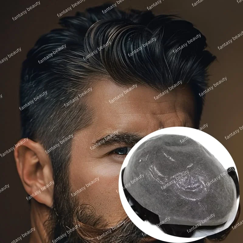 

Men's Natural Hairline wig 90Density 0.02-0.03mm Ultra Thin Skin Undetectable#220 #340 Black mixed Grey Human Hair Men Toupee