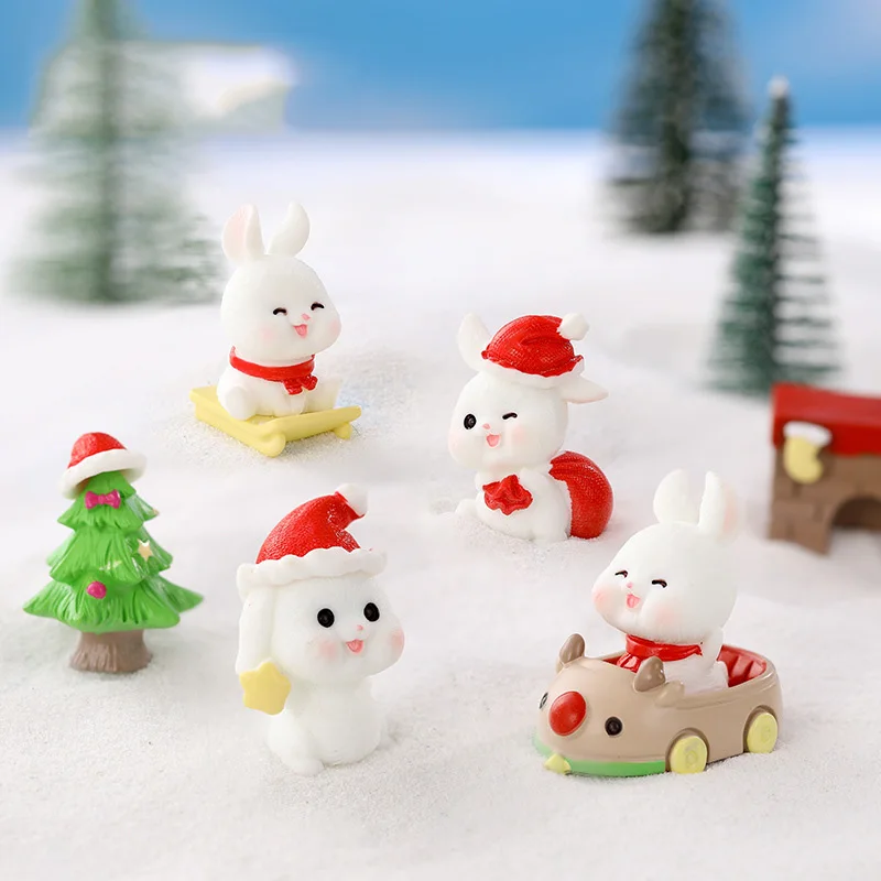 Christmas New Year Figurines Miniature Cute Rabbit Micro Landscape Ornaments for Home Decorations Kawaii Animal Bunny Room Decor