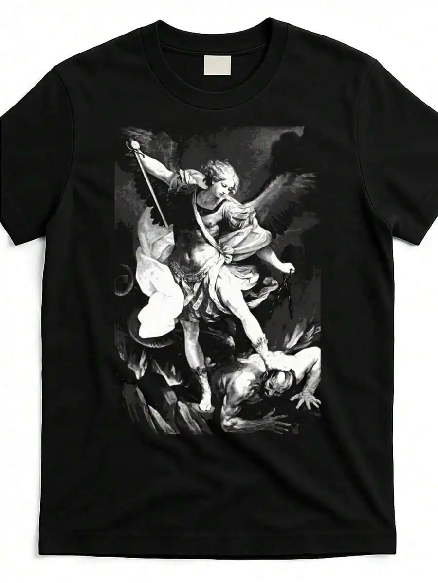 

Saint Michael Angel Catholic Patron Saint Pattern T-Shirt - Retro Style, Short Sleeve, Crew Neck