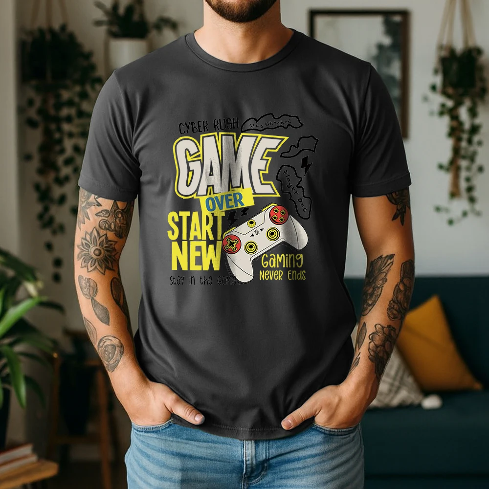 Mens 100% Cotton Short Sleeve T Shirt Game Over Start New Gaming Never Ends Graphic Print Breathable Casual Summer Daily Tees