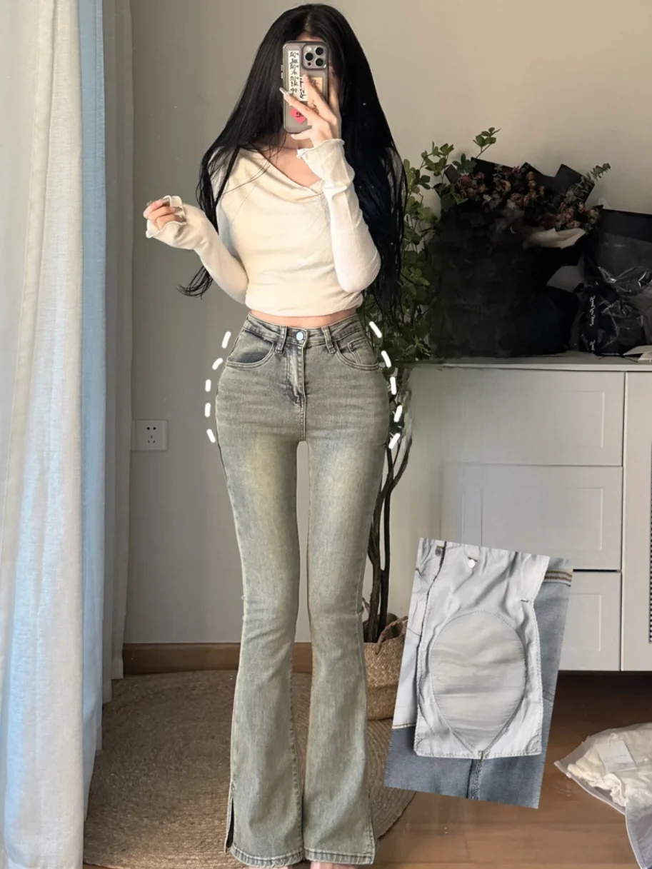 

Джинсы с высокой талией из эластичного денима со встроенными накладками на бедрах, корейский стиль, слегка расклешенные, с разрезами, длинные брюки для молодых женщин