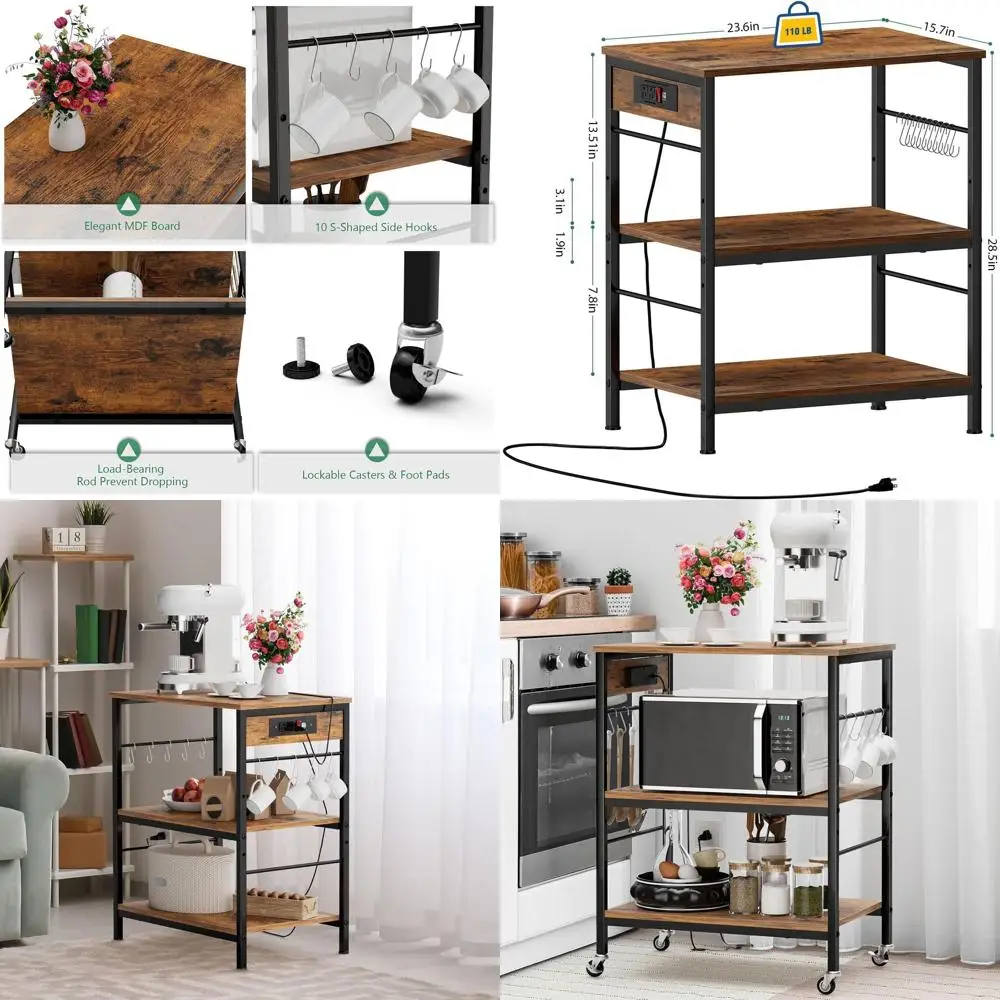 

Rustic Brown Microwave Stand with Storage and Power Outlet, Rolling Kitchen Cart for Coffee Station, Living and Bedroom Use