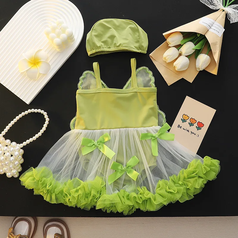 Girls Dress Swimwear Baby Bowknot Wings Swimming Clothes Kids Mesh One Piece Swimsuit Summer New Children Cute Fashion Beachwear