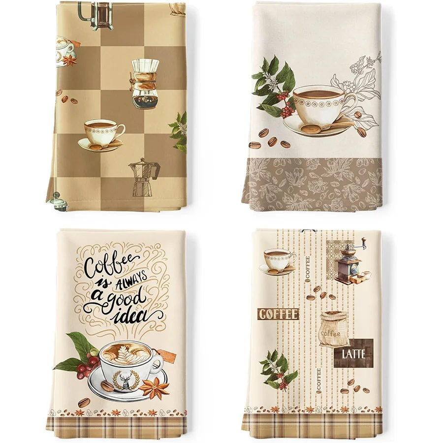 4Pcs, Plaid Lettered Coffee Kitchen Towels, 40Cm*60Cm Towel Set, Best Kitchen Towels, Super Absorbent Soft Cleaning Cloth, Cooking and Baking Tea Towels, Hand Towels, Cleaning Cloths, Dishcloths, Kitchen Decor, Living Room Decorations, Kitchen Essentials, Home Essentials