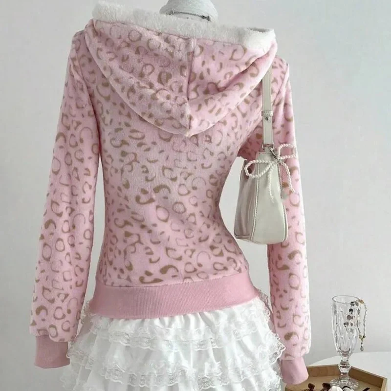 Sudadera con capucha con estampado de leopardo para chica picante Vintage Y2k, abrigos cortos estéticos ajustados con cremallera en la cintura, sudadera informal elegante