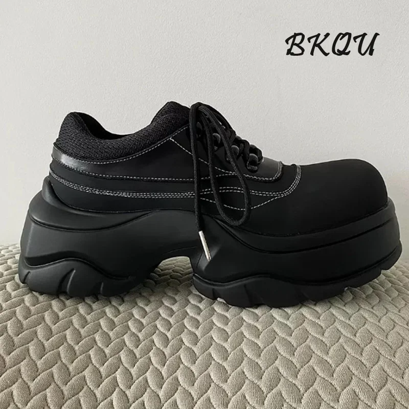 BKQU Outdoor Functional Wind Cowhide Platform Daddy Derby Shoes Ins Fashion Men Frosted Head Increase 7CM Sports Shoes