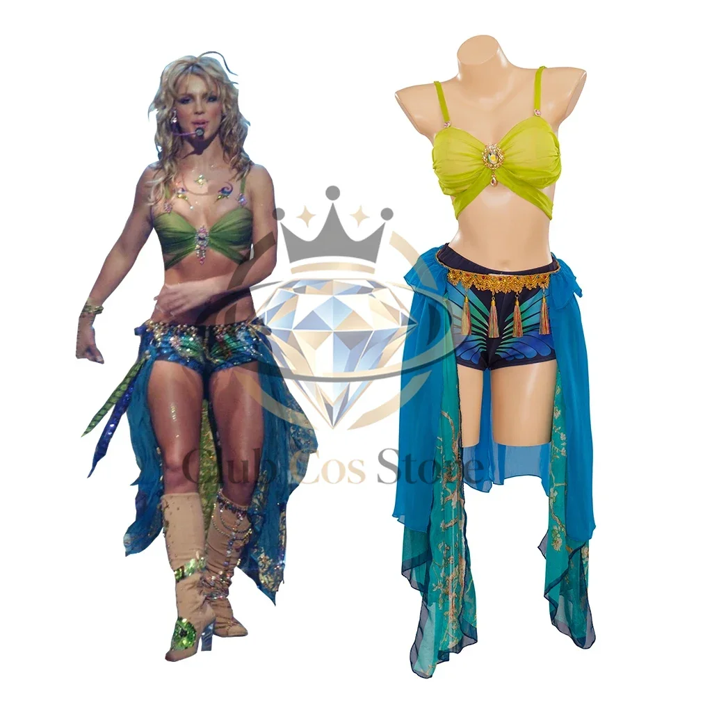 Costume de scène bleu inspiré de Britney Spears, idéal pour les spectacles, les danses, comprenant un soutien-gorge sexy, un short et une jupe, parfait pour Halloween, les carnavals et les soirées.