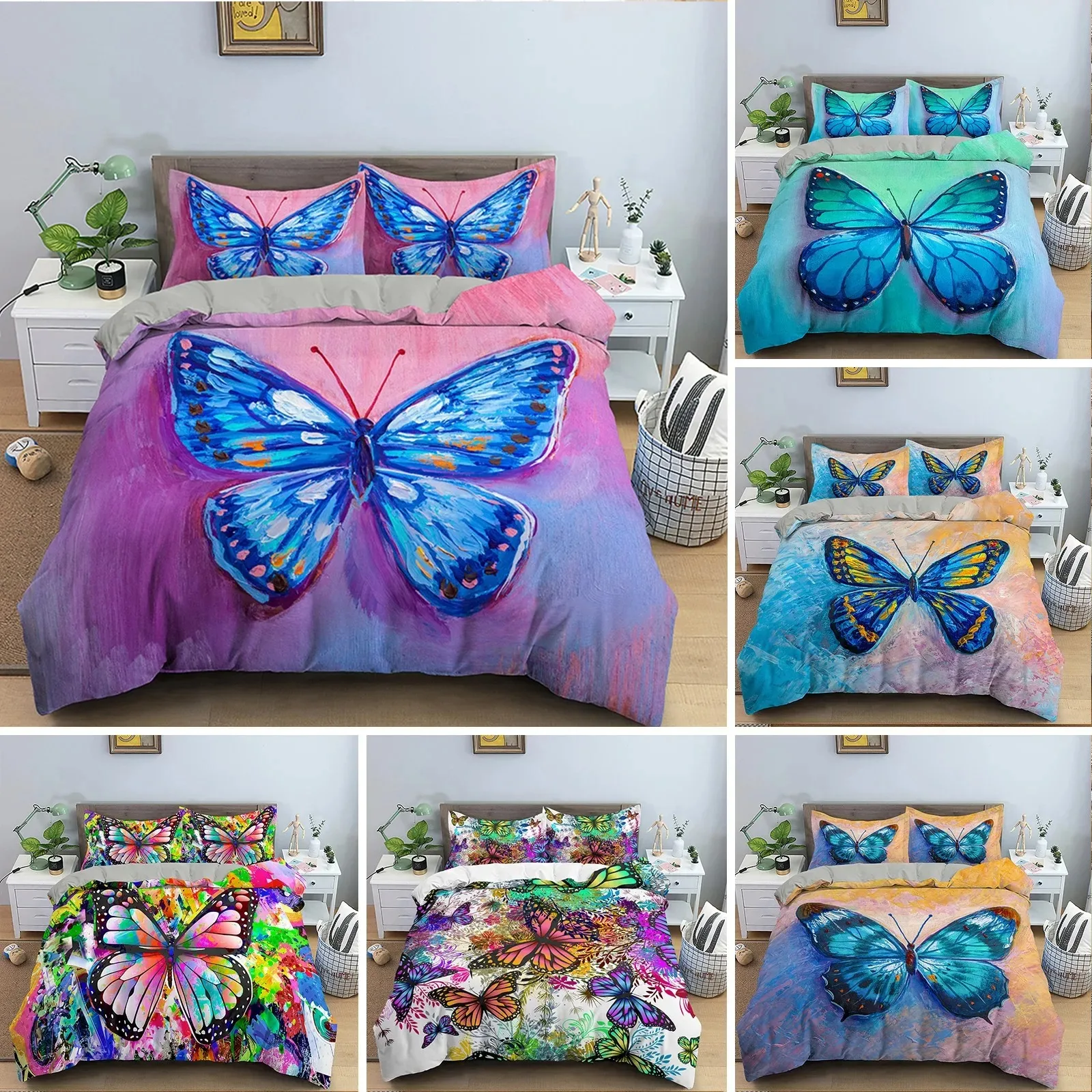 

Butterfly Duvet Cover King Queen Size Animal Floral Bedding Set for Teens Adults Beautiful Flower Polyester Quilt Cover