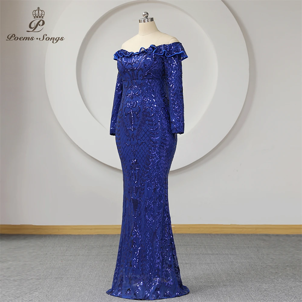 Royal Blue Sequins ชุดราตรี Mermaid แขนยาว Ruffles ปิดไหล่พลัสขนาดผู้หญิงทรัมเป็ต Celebrity Maxi ชุด