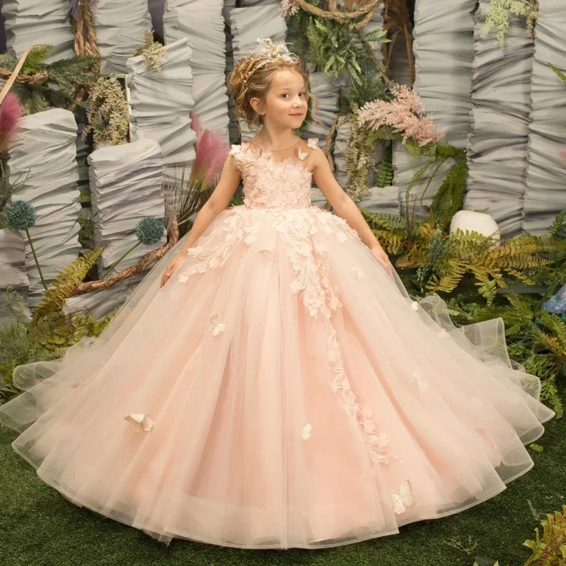 Vestidos Flower Girl para casamento e aniversário, Pearl Floral Tulle, Luxury Princess, Long Maxi, Kids Bridesmaid Ball, Vestidos de Primeira Comunhão