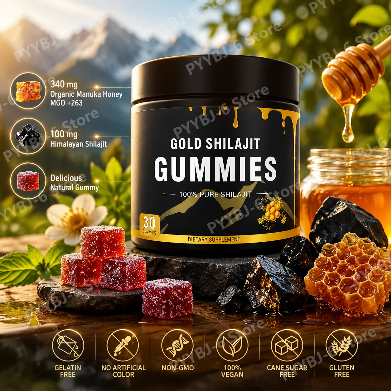 

Gold Shilajit Gummies with Manuka Honey MGO 263 Himalayan Shilajit Vegan Non GMO Gluten Free Energy Vitality Supplement 30 Count
