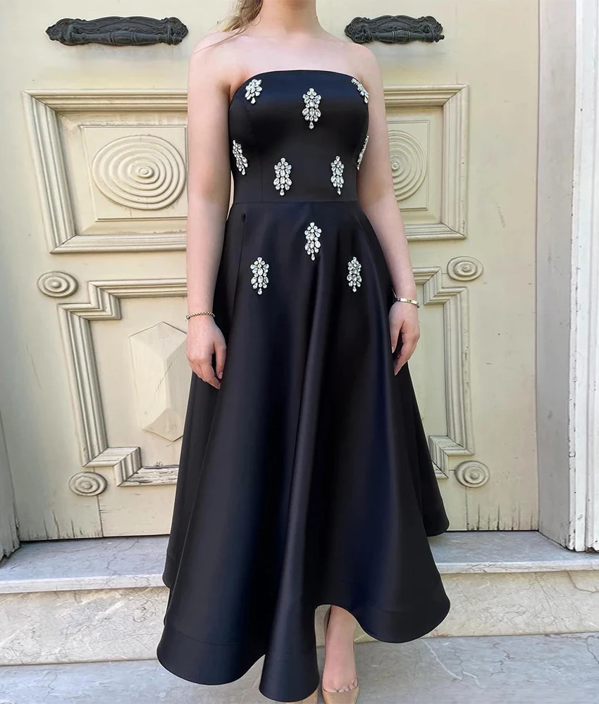 

Customized Sexy Satin A-Line Crystal Evening Dress Delicate Strapless Sleeveless Ankle Length After Party Dress Custom Made