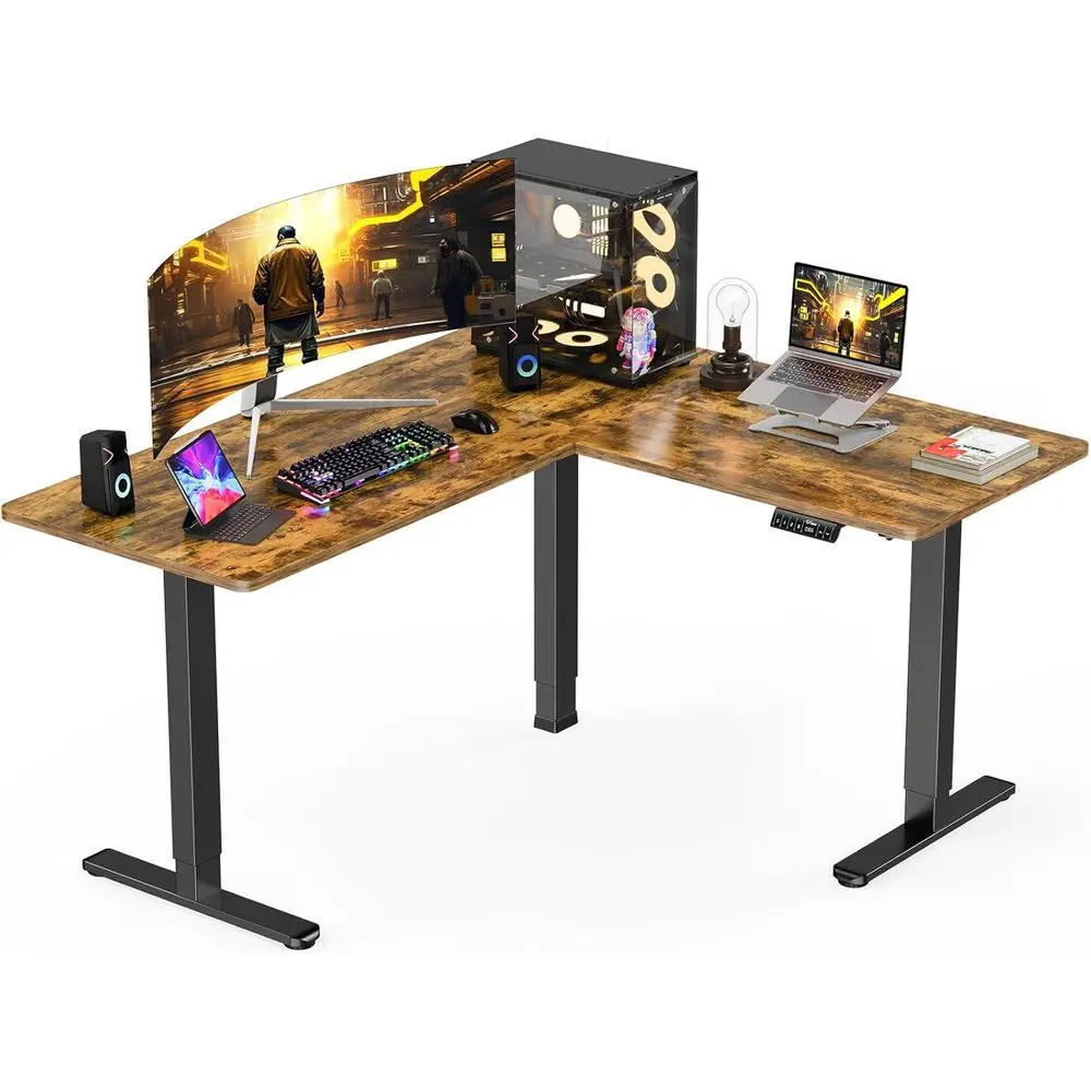 

Ergonomic 63x55 L-Shaped Electric Sit-Stand Desk, Vintage Brown, Ideal for Home or Office Use