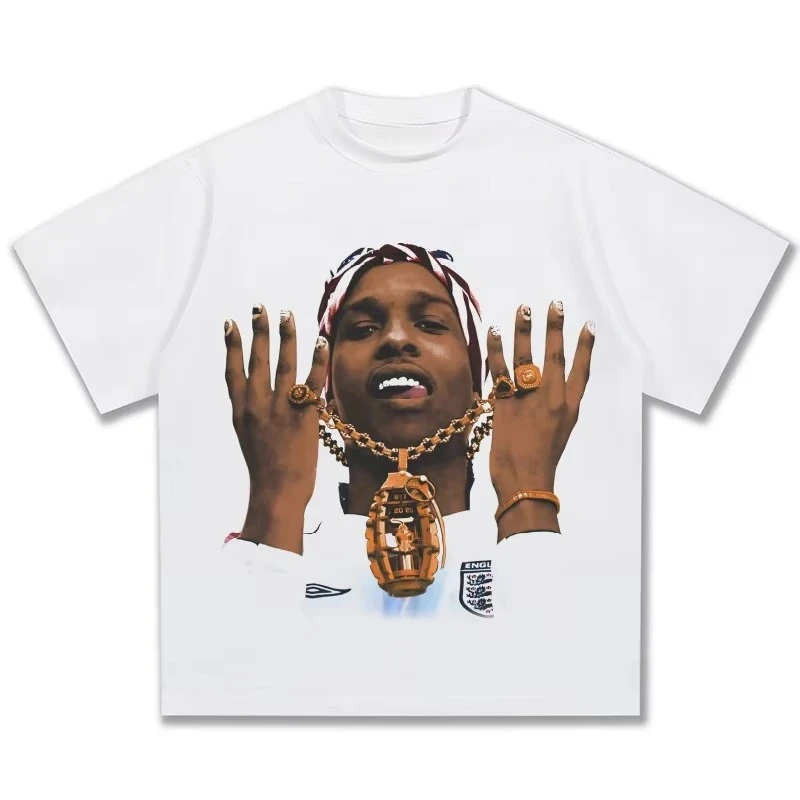 

2025 Мужская и женская футболка Asap Rocky American в стиле хип-хоп с винтажным принтом, модная свободная футболка из плотного хлопка с коротким рукавом High Street Wash