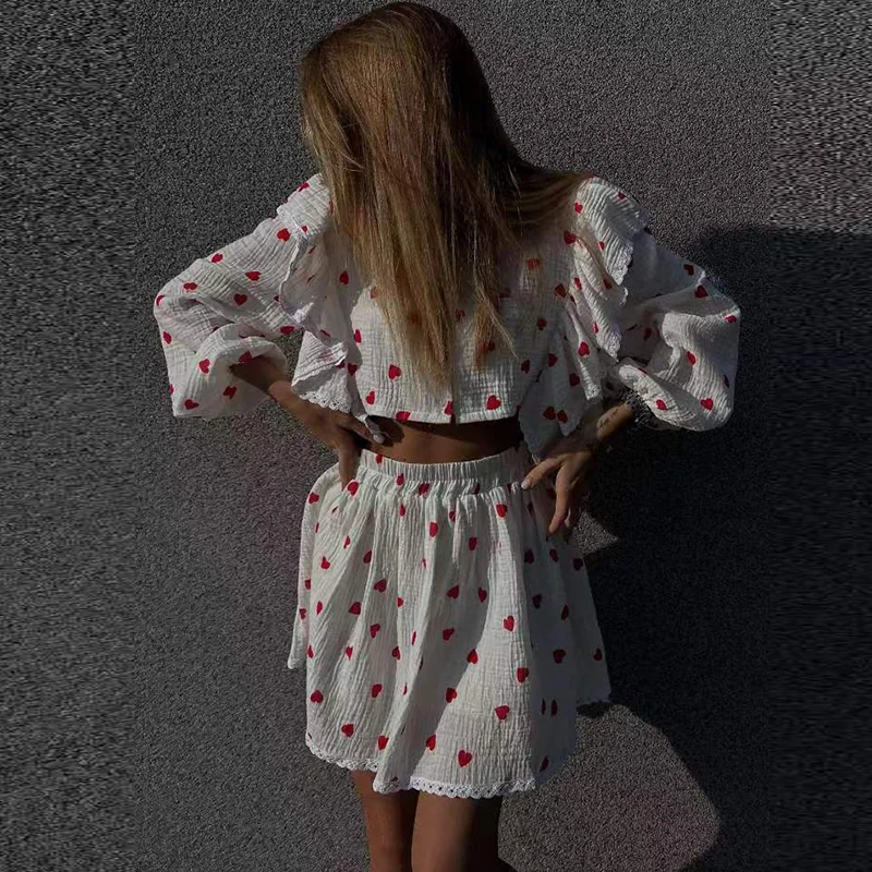 Spring Fashion Heart Print Two Piece Set Elegant V Neck Button Ruffle Top & Skirts Women's Suit Autumn Long Sleeve Casual Outfit