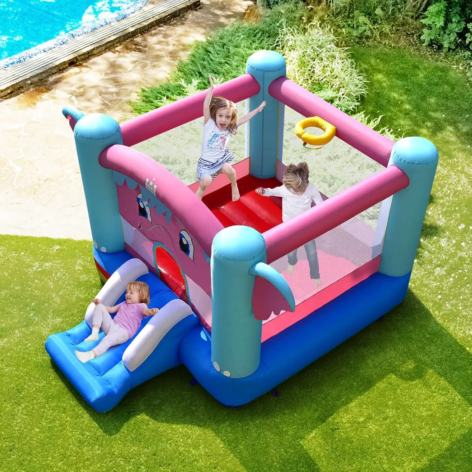 Casa inflable de rebote, casa hinchable con tema de elefante para niños, diversión familiar para fiestas en interiores y exteriores con borde de baloncesto, portátil para niños pequeños