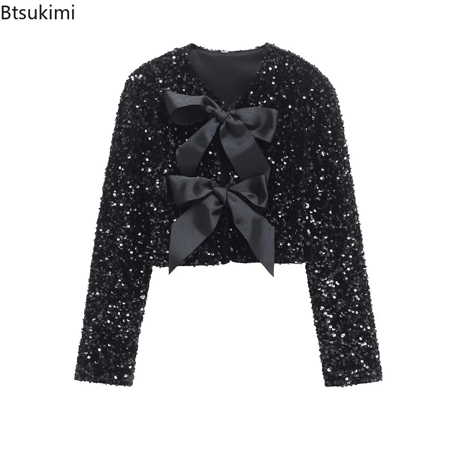 2026 Women's New Fall Fashion Front Lace-up Bow Tied Sequin Jacket Solid Color Round Neck Long Sleeves Loose Casual Short Coats