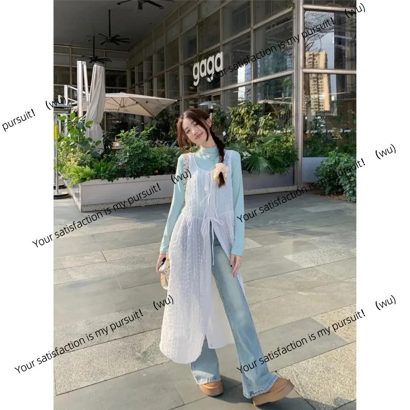 Renda branca ligeiramente transparente arco cinta vestido feminino início da primavera férias à beira-mar vento suspender saia solta saia longa