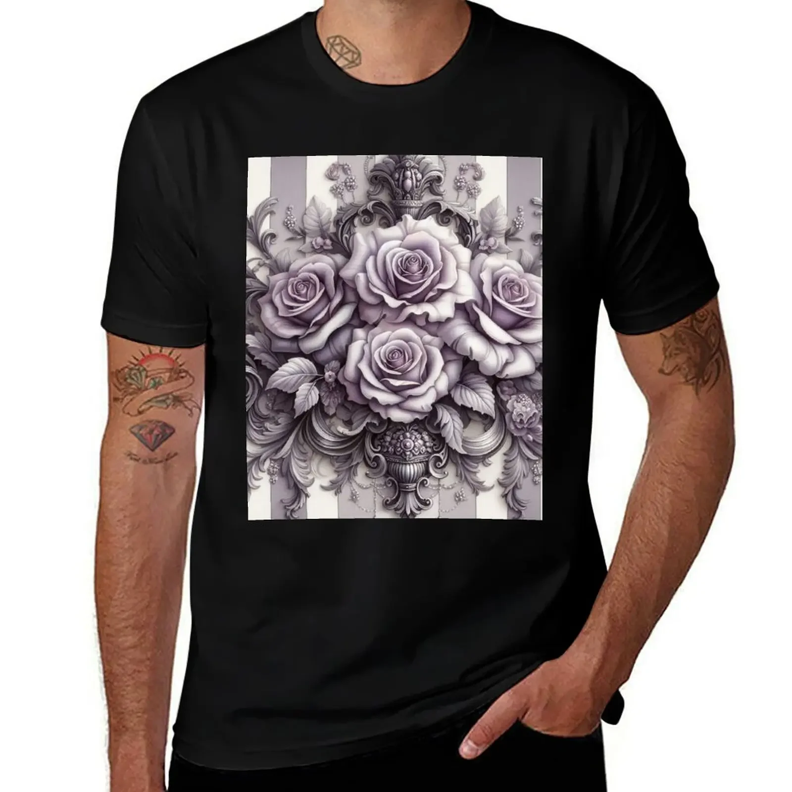 Lilac Grey Striped & Dusty Purple Baroque Roses T-Shirt baggy shirts vintage anime shirt kawaii clothes men tshirt