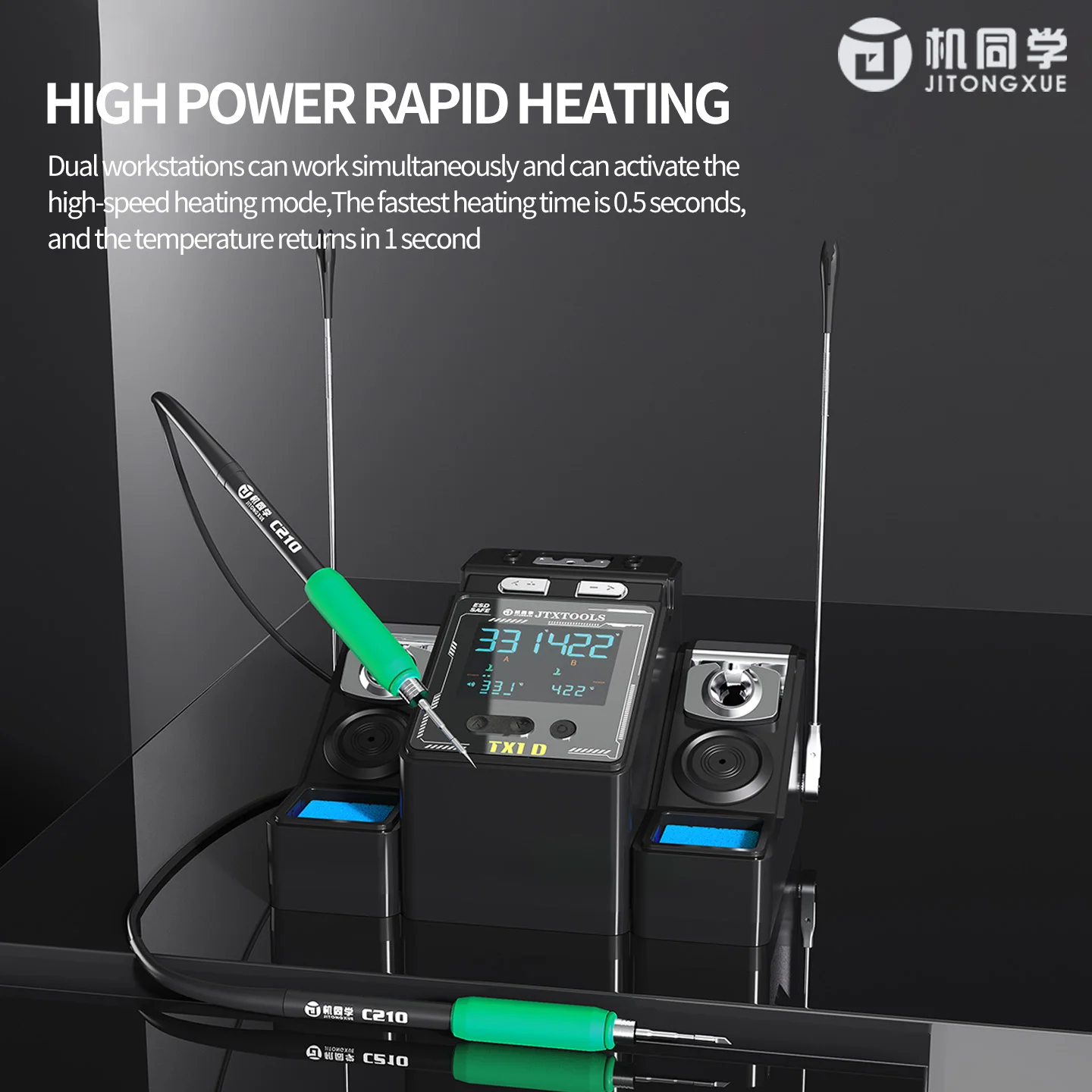 JTX 200W Dual Soldering Station Transformer Fast Heating 90-450°C for Phone PCB Repair C115/210/245 Handle Iron Tips Compatible