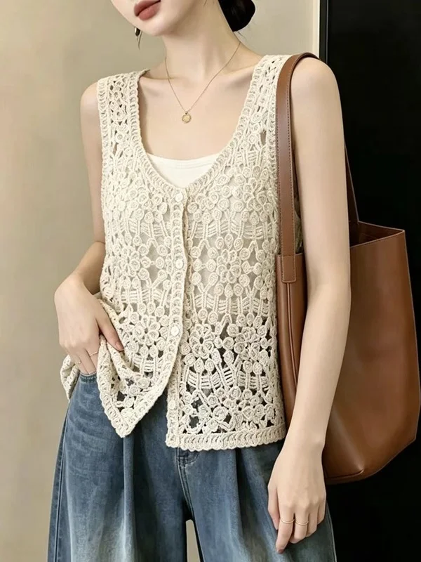 Authentic Korean Style V-Neck Open Cardigan Women's Hollow out Bohemian Style Outerwear Jacket Regular Length Sleeveless Top