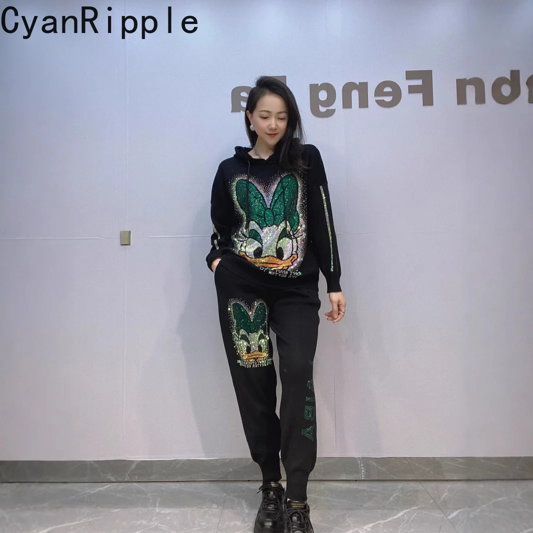 

2026 New Spring Fashion Women Knitted Sets Cartoon Hot Diamonds Hooded Knit Sweater Top + Elastic Waist Casual Sports Pants