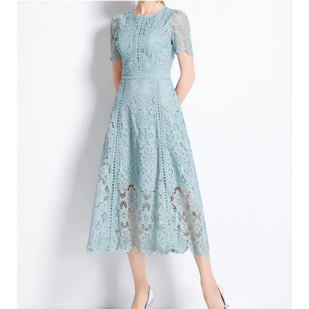 Vintage Solid Lace O-neck Hollow Out Lotus Leaf Sleeves Short Sleeves Long Dresses Casual Women A-Line Fashion Summer Clothing