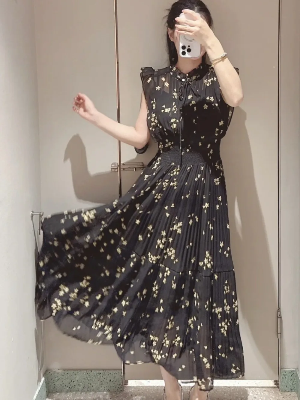 Kuzuwata Fresh Mid-length Print High Waist Robe New Gentle Literary Lace Up Pleated Slim Exquisite Mujer Japan New Elegant Dress image 5