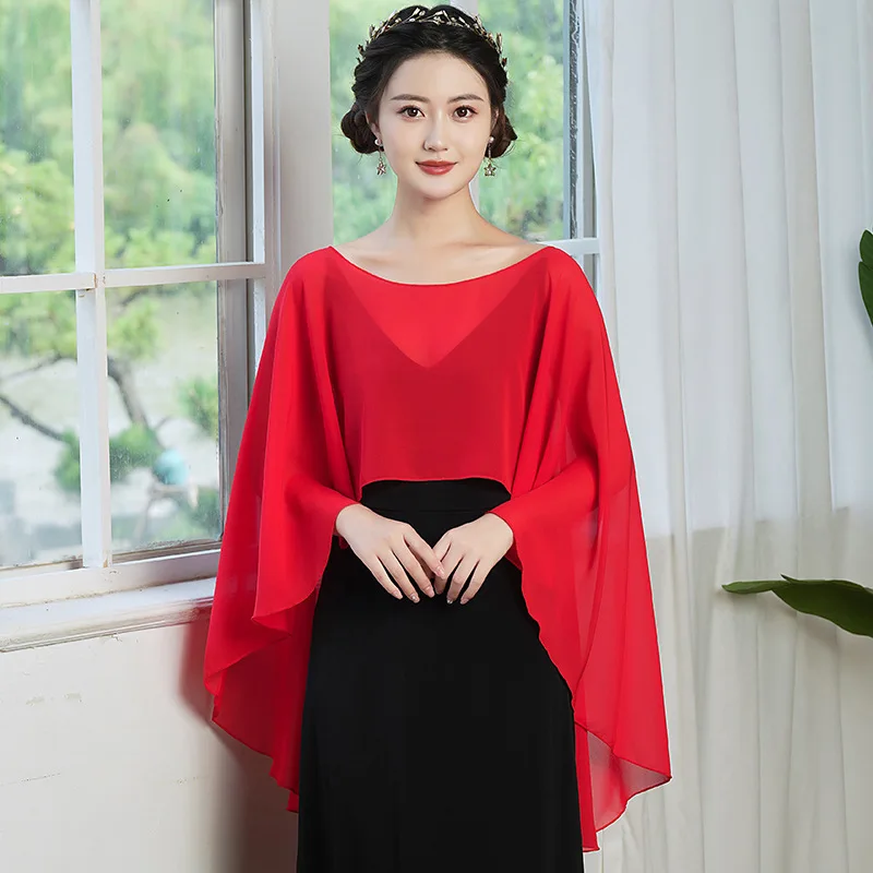 Robe cape en mousseline de soie noire pour femme, élégante, simple, douce, décontractée, haussement d'épaules pour femme, robe de soirée, châle rouge et blanc, mariage