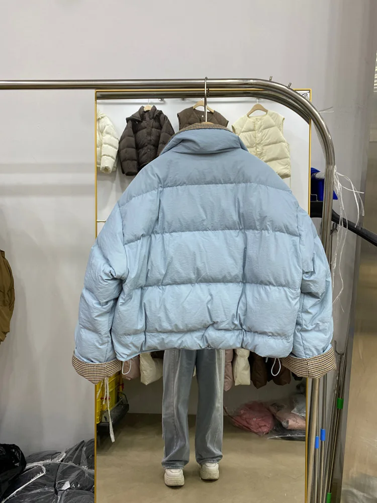 2025 Winter Women's Down Jacket Short Style Splicing Color Contrasting Checkered Bread Jacket Stand Collar Thickened Coat
