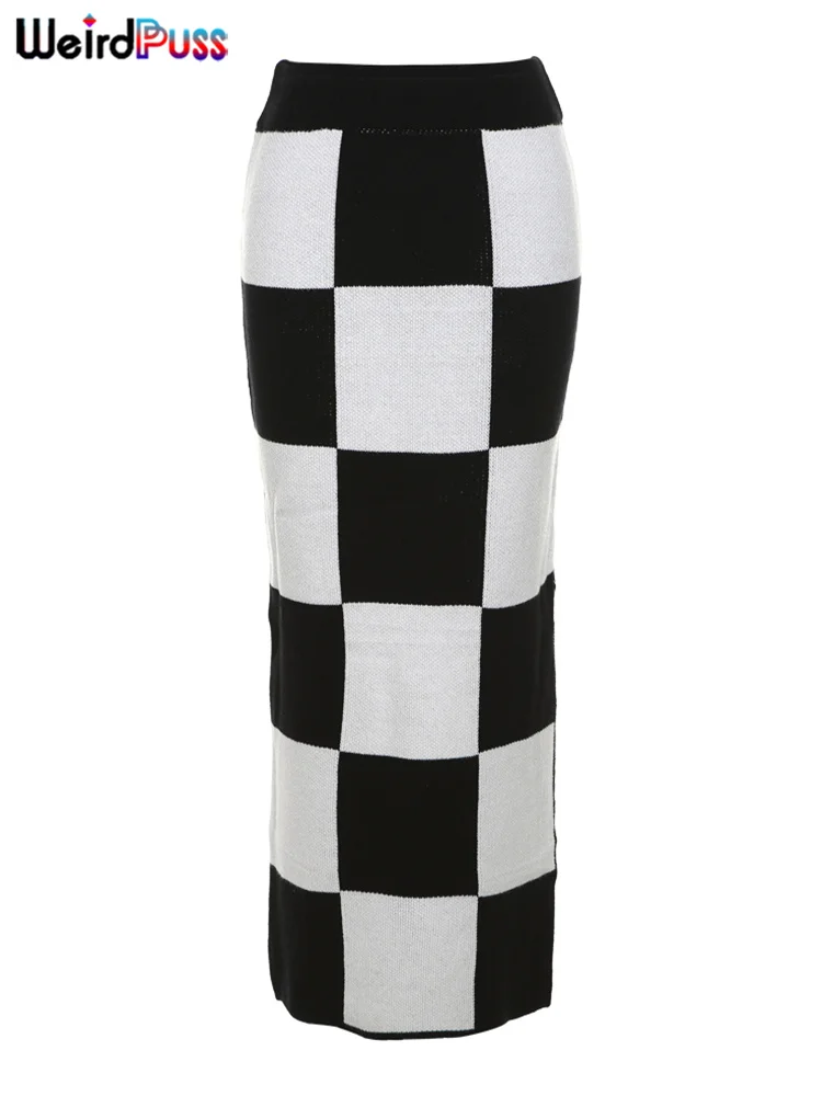 Weird Puss Y2K Checkerboard Women Skirts Knit Side Split Skinny Vintage Fashion Wild Streetwear High Waist Maxi Straight Skirt