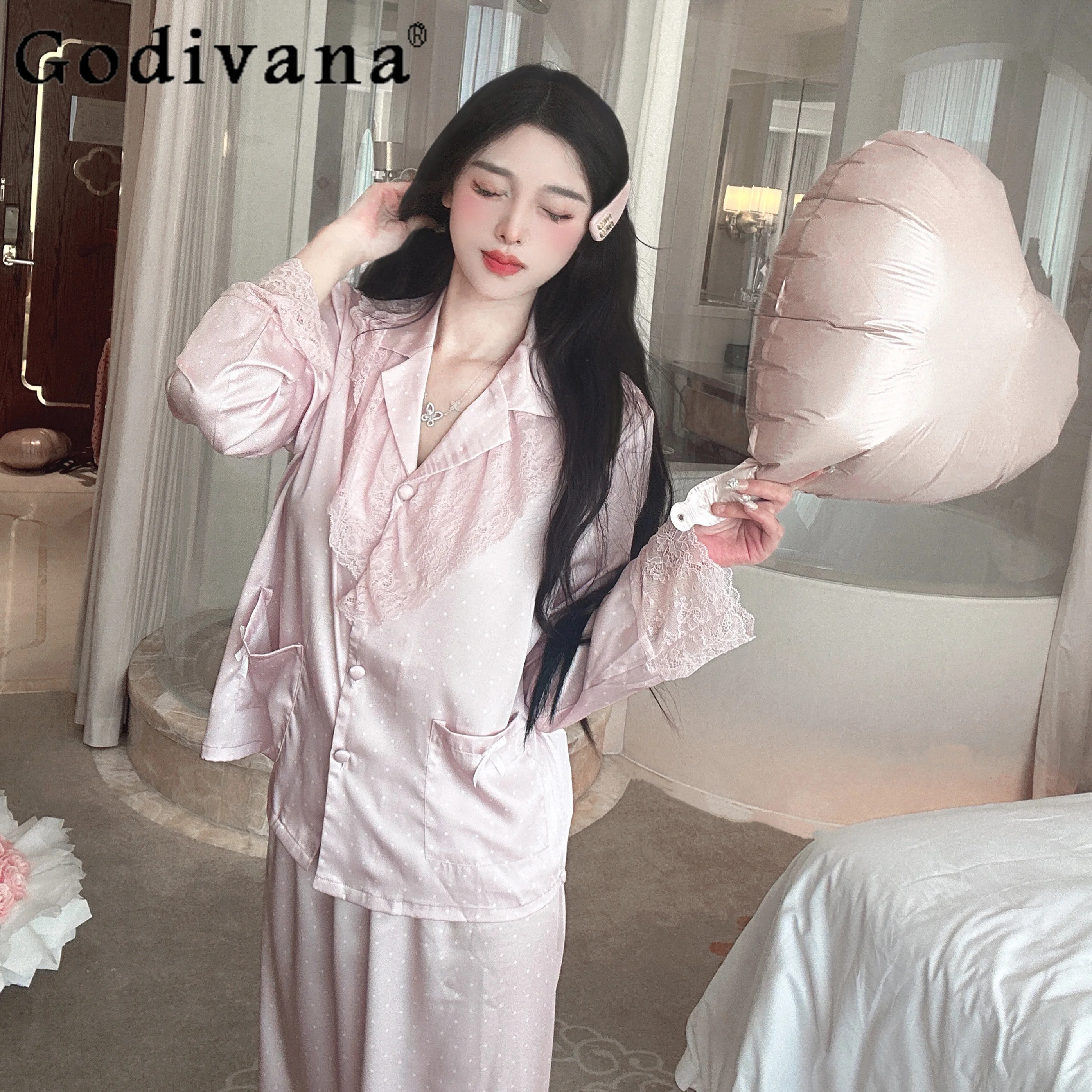 French Polka Dot Lace Trim Satin Ice Silk Long Sleeve Pajamas Sweet Cute Elegant Girl Turn-Down Collar Homewear Set