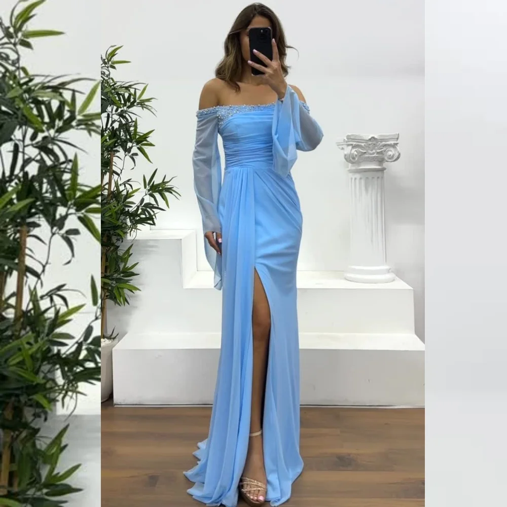 

Customized Casual Chiffon Sequined Pleat A-line Off-the-shoulder Long Dresses Bespoke Occasion Classic