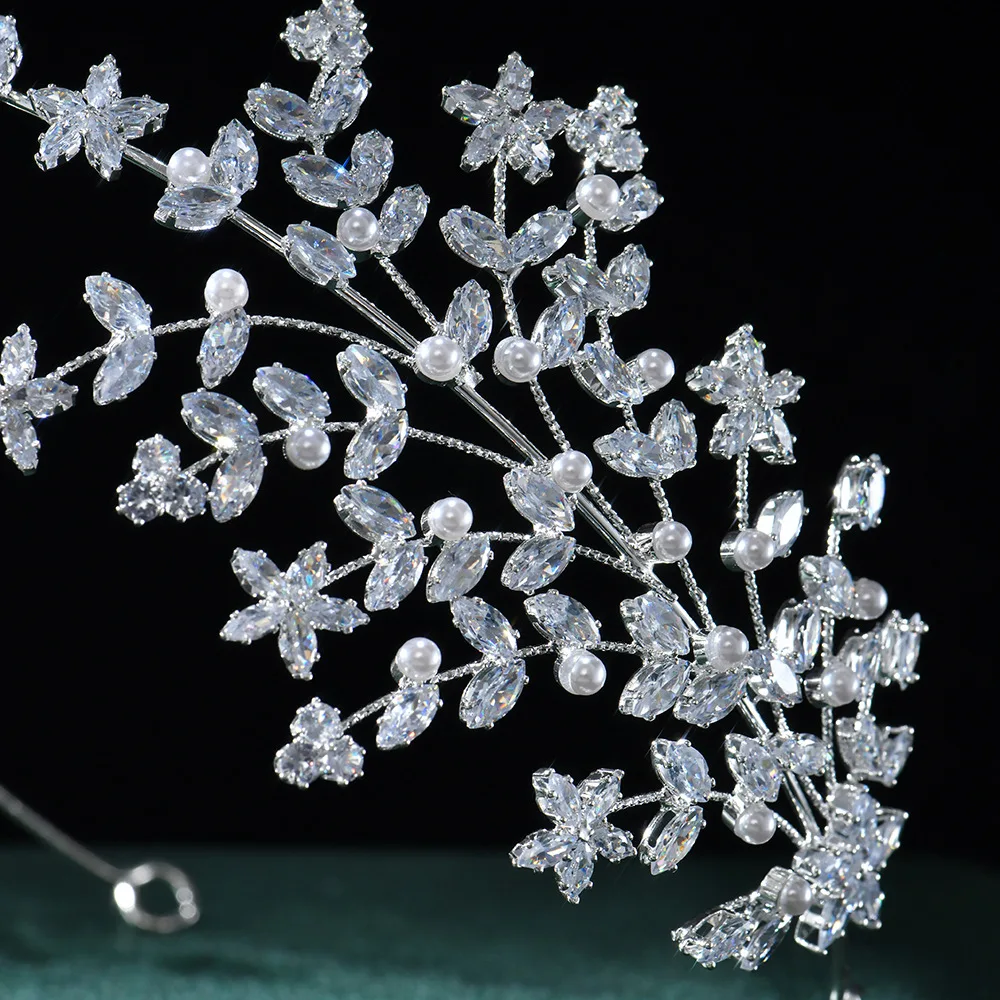 عقال الزفاف الفاخرة للعروس إكسسوارات الشعر زركونيا اللؤلؤ تاج العروسة للنساء حفلة موسيقية مجوهرات الزفاف هيرباند #5