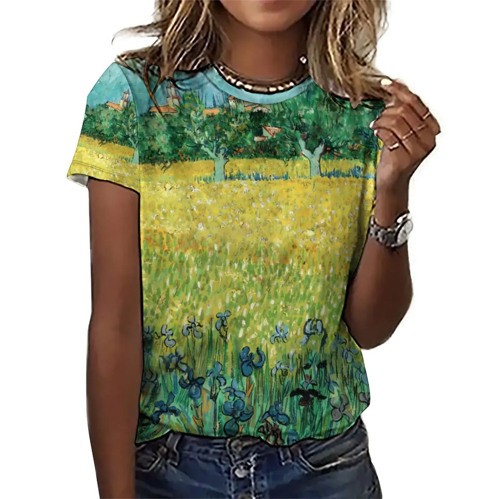 

Vincent Van Gogh T-Shirt Field with Flowers Aesthetic Big Size T Shirts Short Sleeves Street Wear Tshirt Summer Graphic Tops