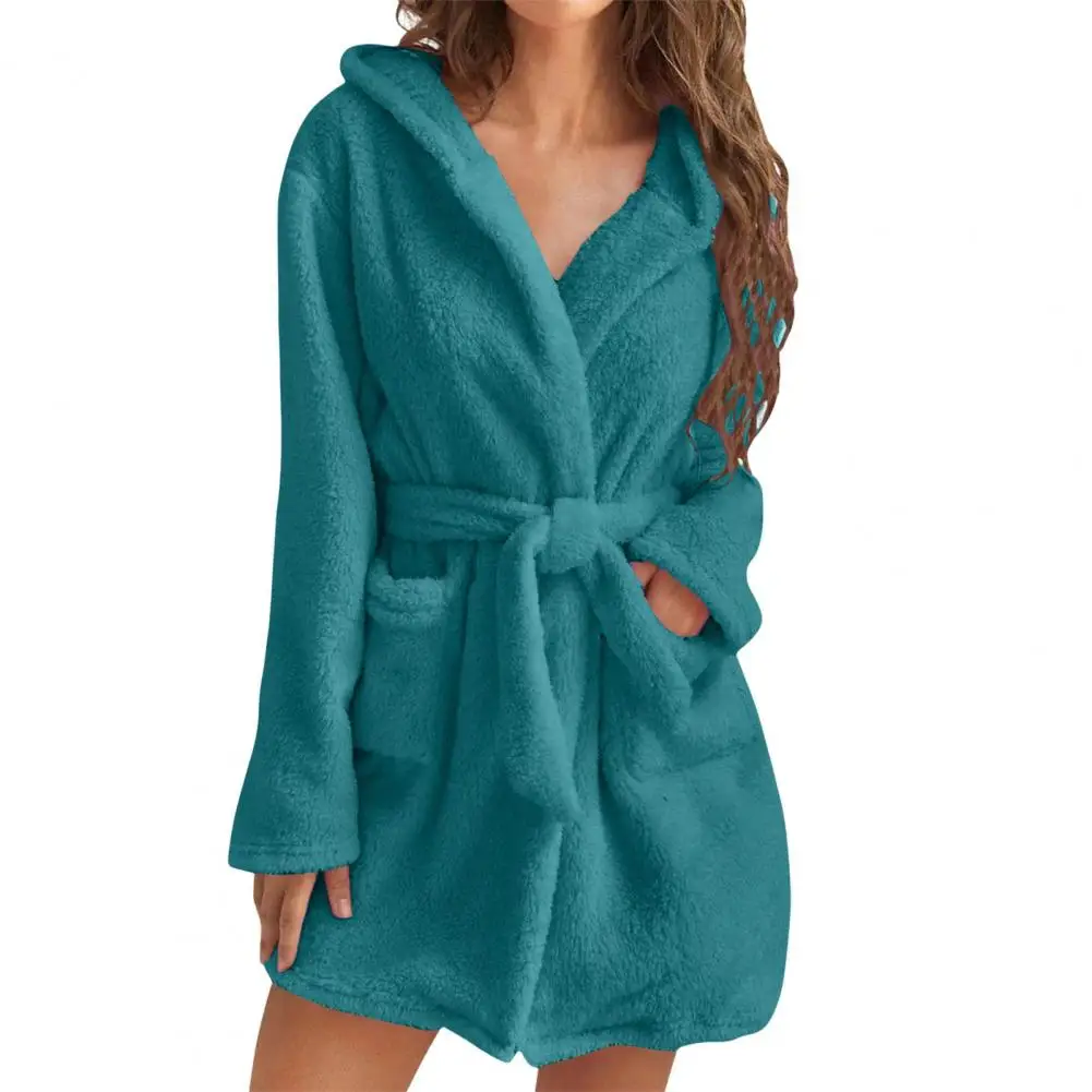 Feminine Coral Velvet Pajama Luxurious Plush Winter Nightgown with Hood Lace Up Belt for Women Homewear Robe