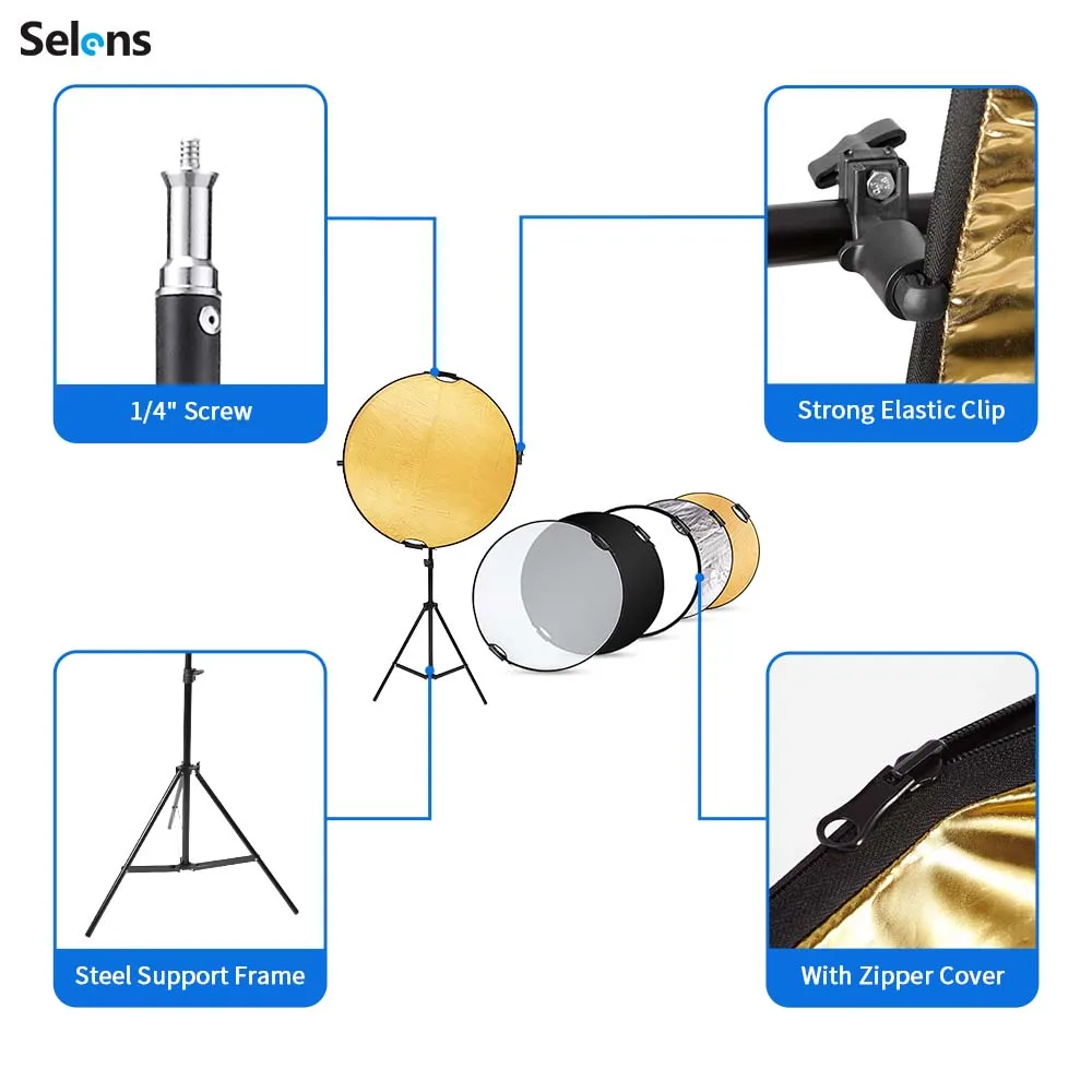 Portable 5in1 Photography Reflector Handheld Multi-folding With Adjustable Height Lamp Holder For Studio Outdoor Multi Shooting