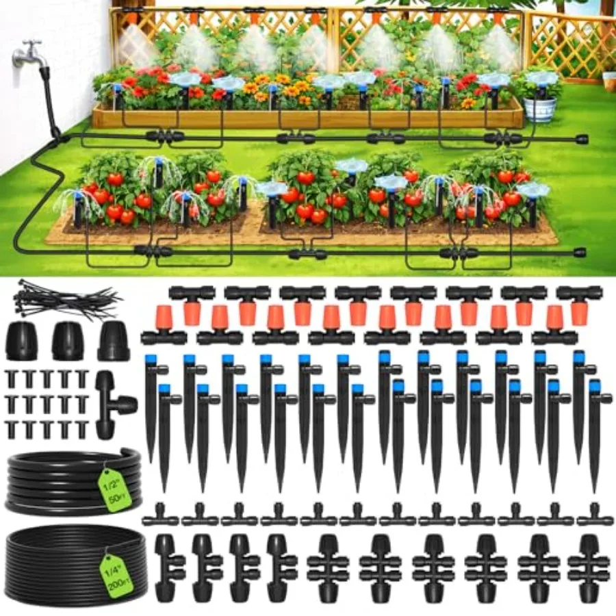 Drip irrigation system kit for garden and greenhouse use, made of UV-resistant polyethylene tubing in black color, featuring qu